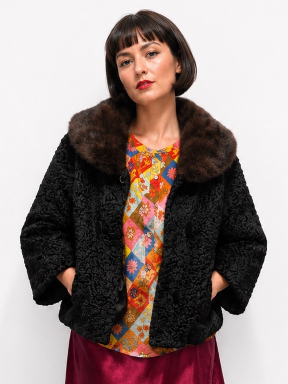 Vintage fur coat.  Mink and Lamb? Black and brown collar. Excellent lining- L
